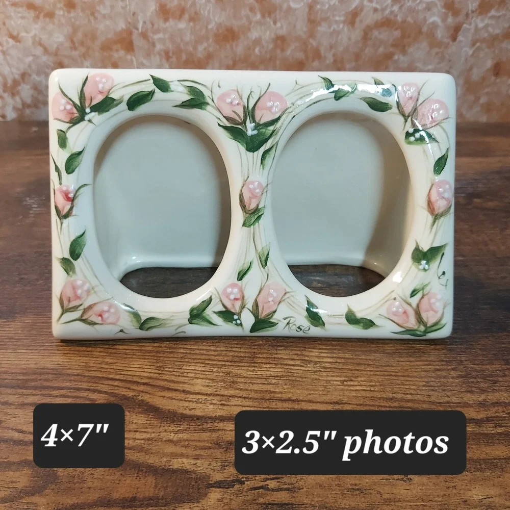 Hand Painted Ceramic Double Rosebud Picture Frame 4x7 Pink Floral Cottagecore